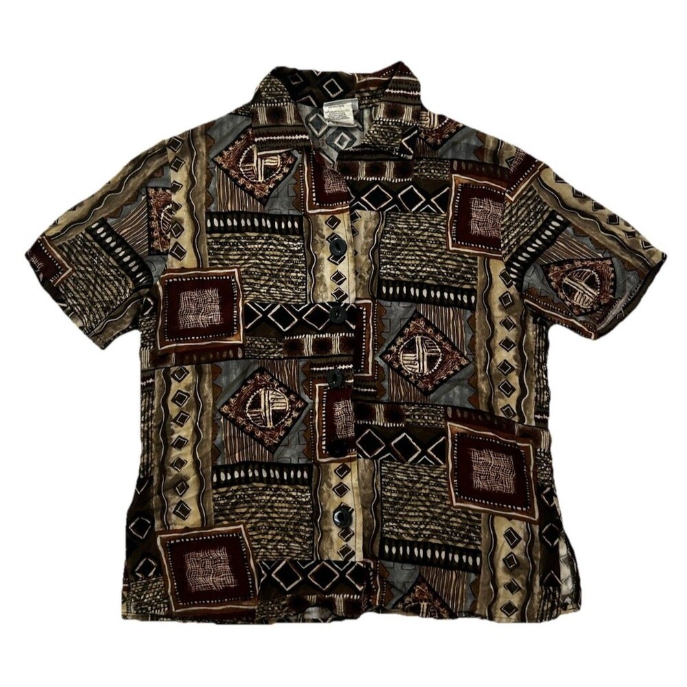 VTG 90s Basic Editions Shirt S Rayon Geometric Tribal Patchwork USA Abstract Art